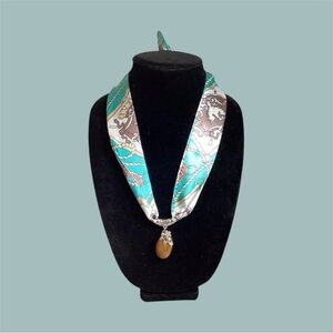 (#2) Turquoise and Silver Silk Ribbon Necklace with Stone Pendant